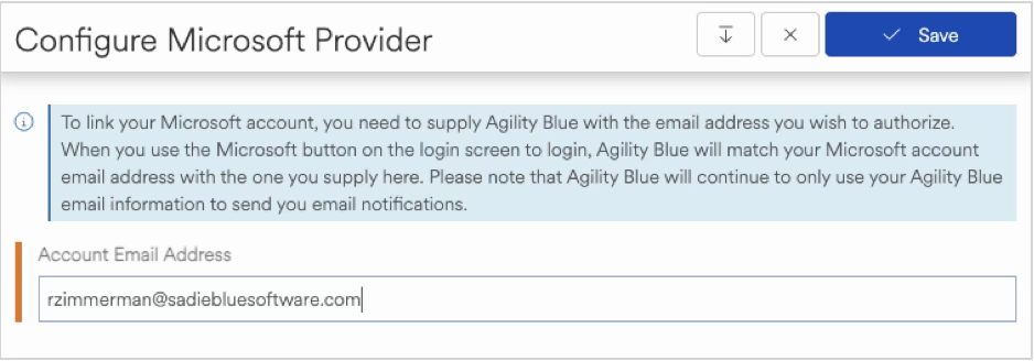 Instructions for linking Microsoft account with Agility Blue email address provided.